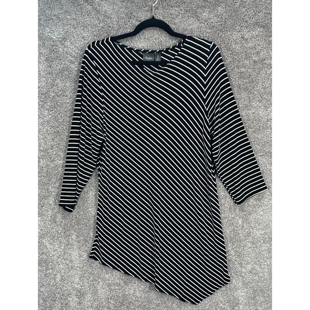 Chicos Top Womens 2 Large 12 Black Stripe Asymmetrical Travelers Slinky Blouse